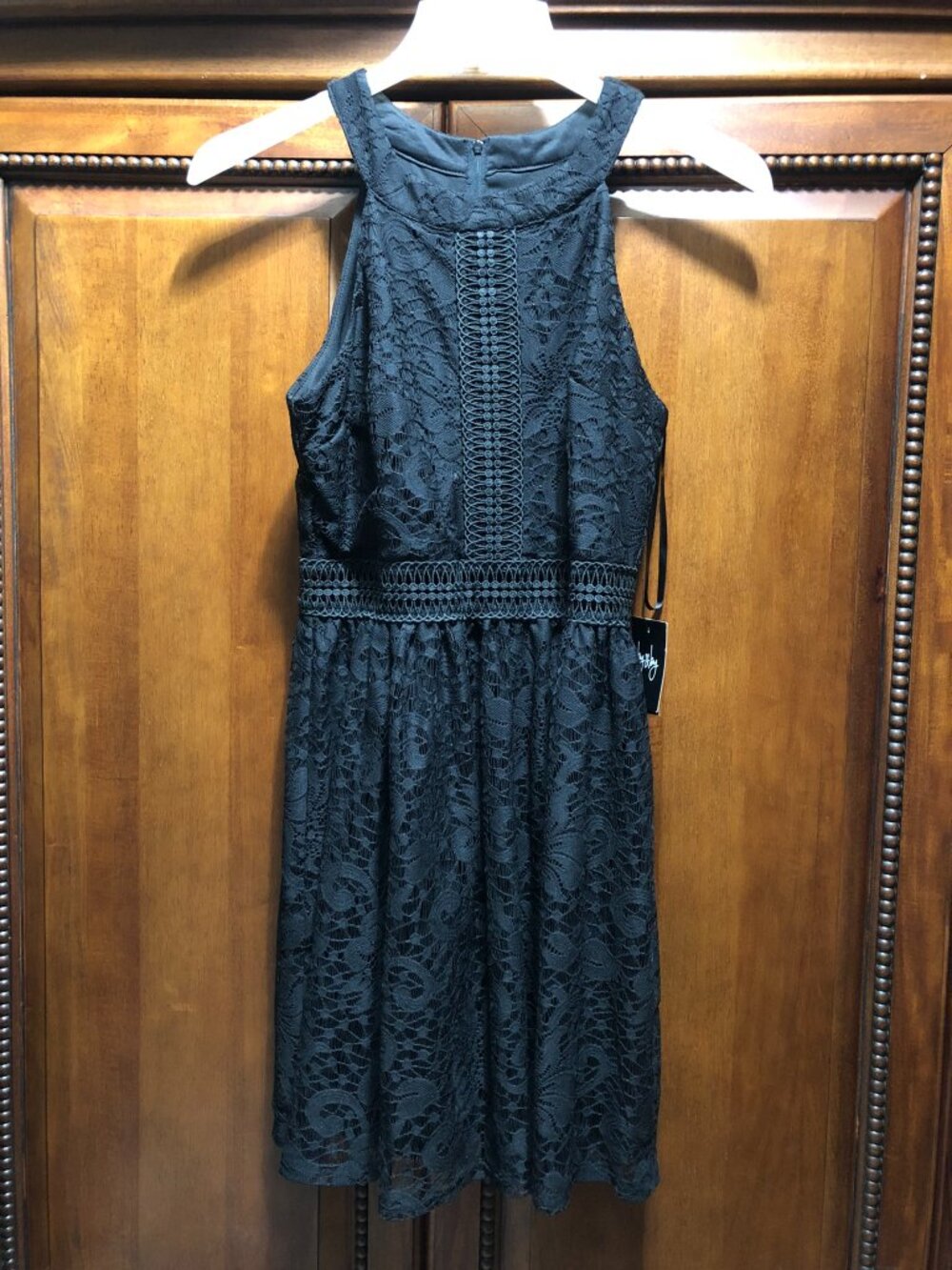 NWT By & By Black Lace Ladder Trim Halter Fit & Flare Dress 9